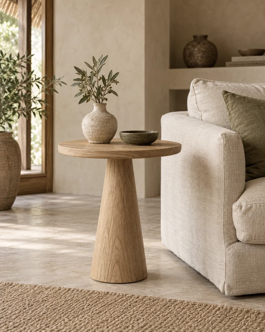 Meja samping Awan di sebelah sofa linen